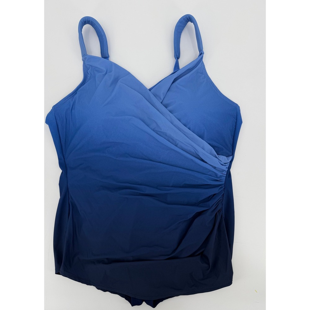 Lands End Womens 22W Ombre Blue Surplice Wrap One Piece Swimsuit Tummy Control